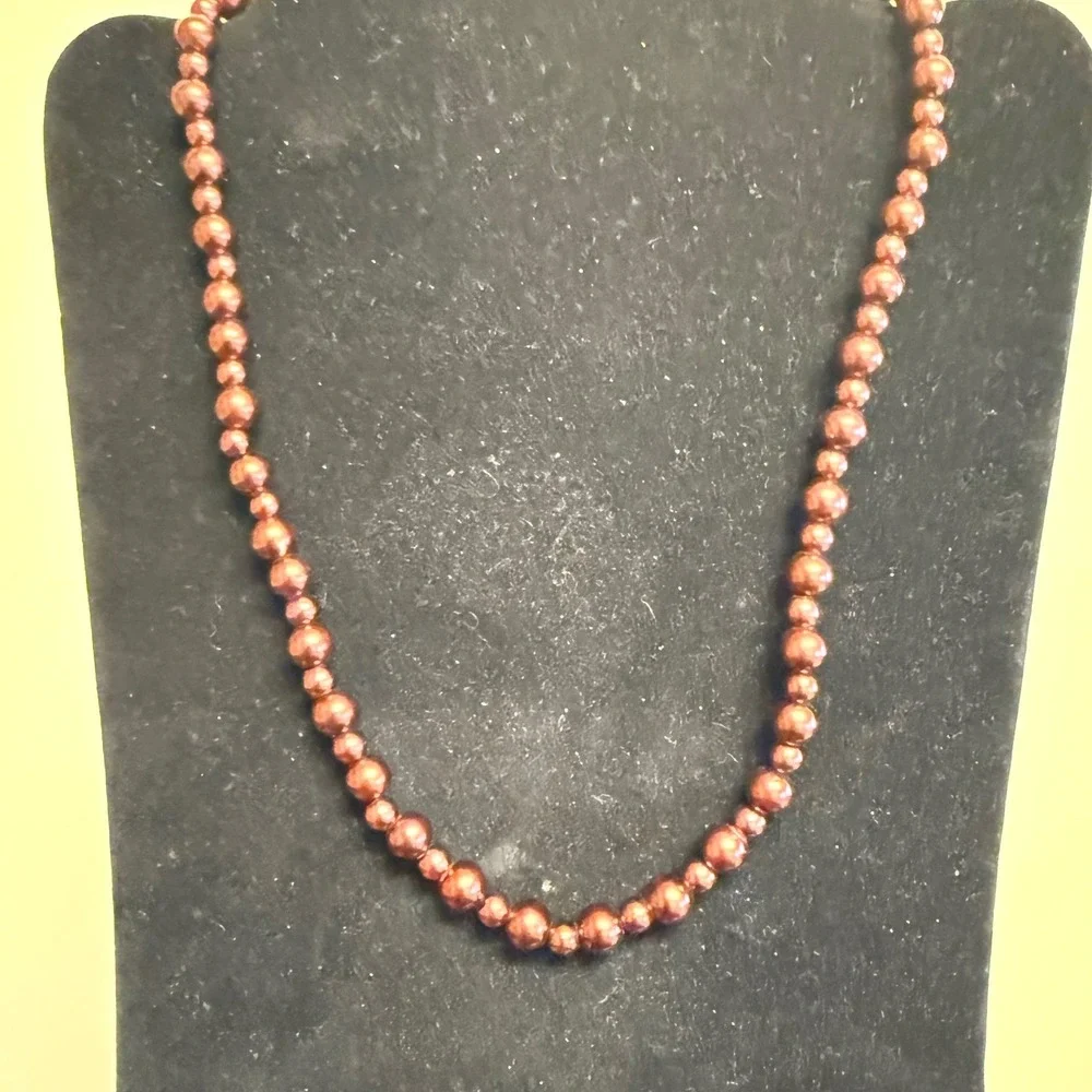 Bronze Faux Pearl Graduated Bead Strand Necklace Silver‎ Tone Hook Clasp 20 Inch